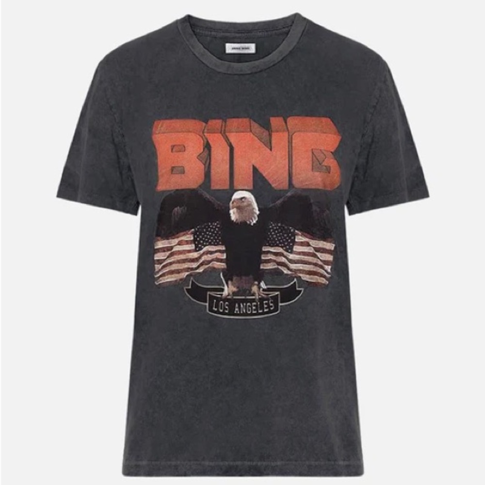 Anine Bing Tees | Eagle Washed Black Graphic T-Shirt Oversized Fit Vintage Style